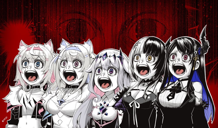 shiori novella, nerissa ravencroft, fuwawa abyssgard, mococo abyssgard, and koseki bijou (hololive and 1 more) drawn by kivo
