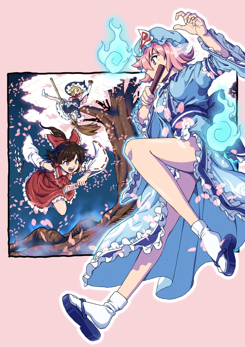 hakurei reimu, kirisame marisa, and saigyouji yuyuko (touhou and 1 more) drawn by inuno_rakugaki