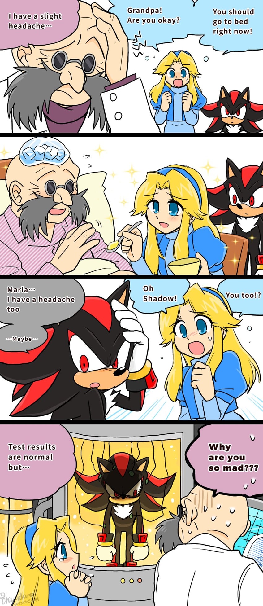 shadow the hedgehog, maria robotnik, and gerald robotnik (sonic) drawn by yotsumeddd