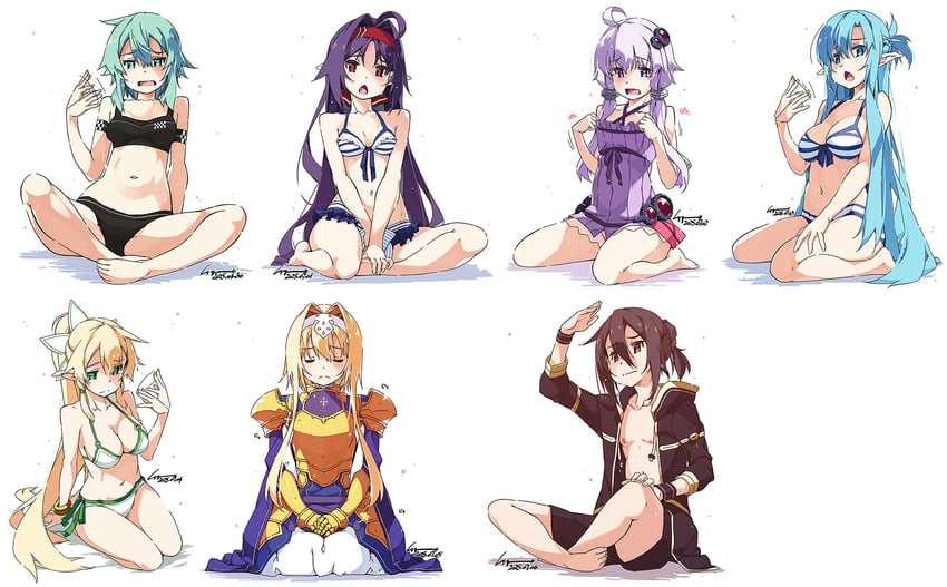 yuzuki yukari, asuna, kirito, sinon, leafa, and 2 more (vocaloid and 2 more) drawn by shikei