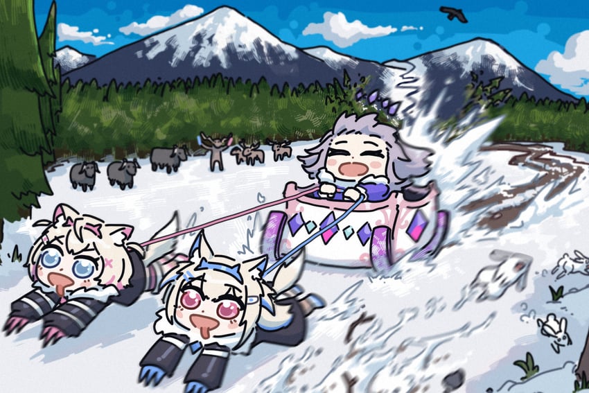 fuwawa abyssgard, mococo abyssgard, and koseki bijou (hololive and 1 more) drawn by bing_huyue
