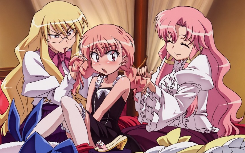 louise francoise le blanc de la valliere, cattleya yvette la baume le blanc de la fontaine, and eleanor albertine le blanc de la blois de la valliere (zero no tsukaima) drawn by fujii_masahiro
