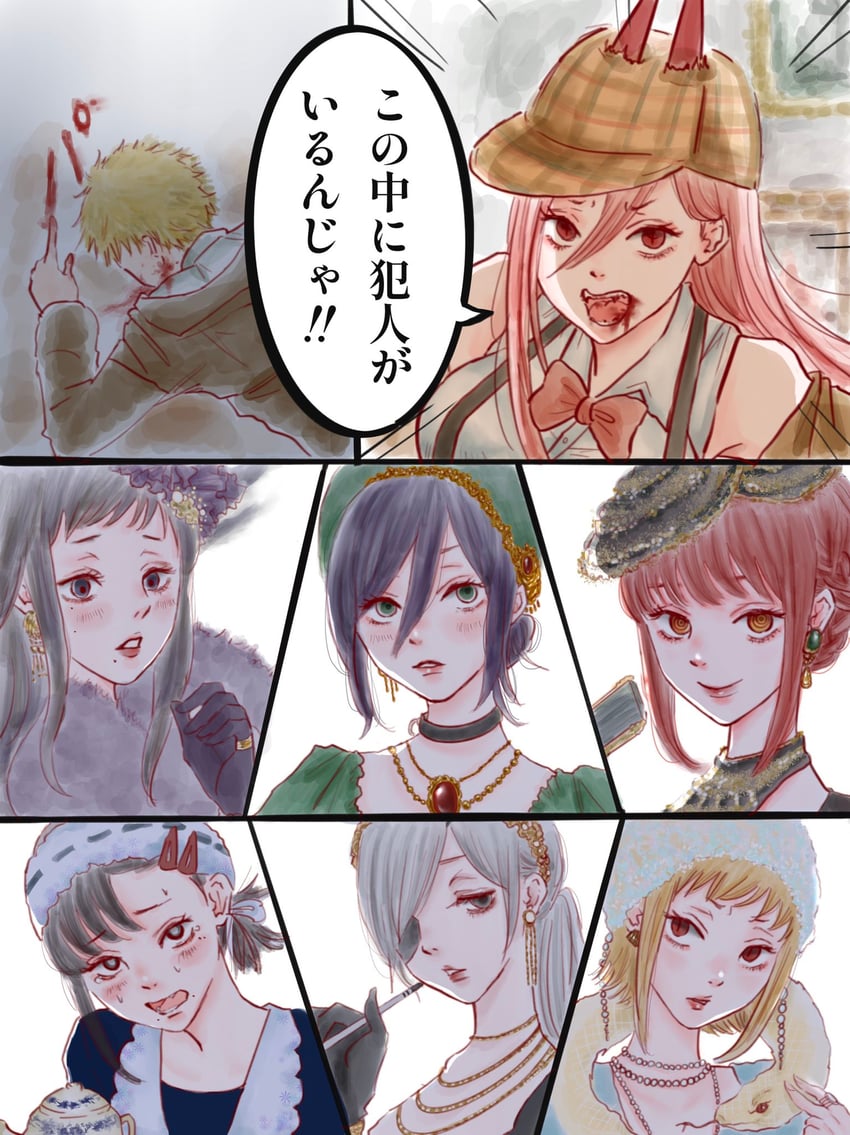 makima, power, denji, reze, higashiyama kobeni, and 3 more (chainsaw man) drawn by iing_naoe