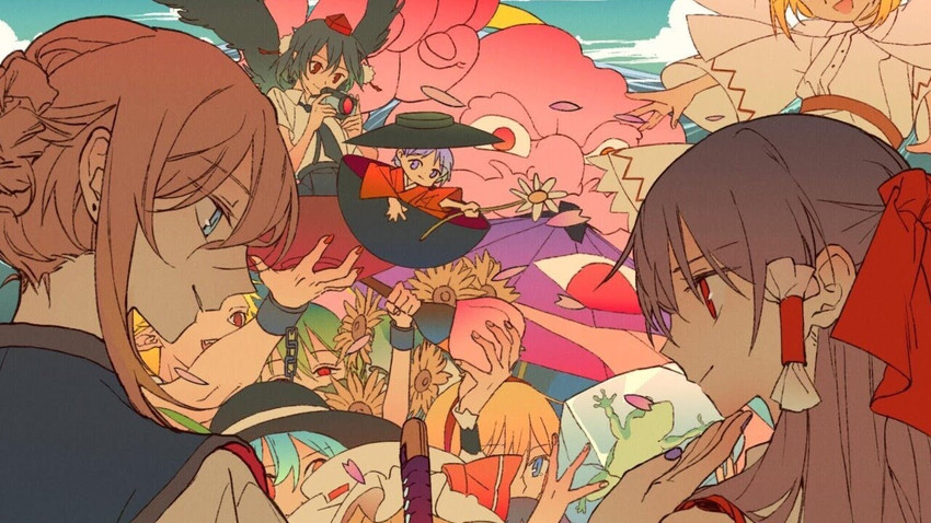 hakurei reimu, flandre scarlet, alice margatroid, cirno, yakumo yukari, and 9 more (touhou) drawn by huang_gua