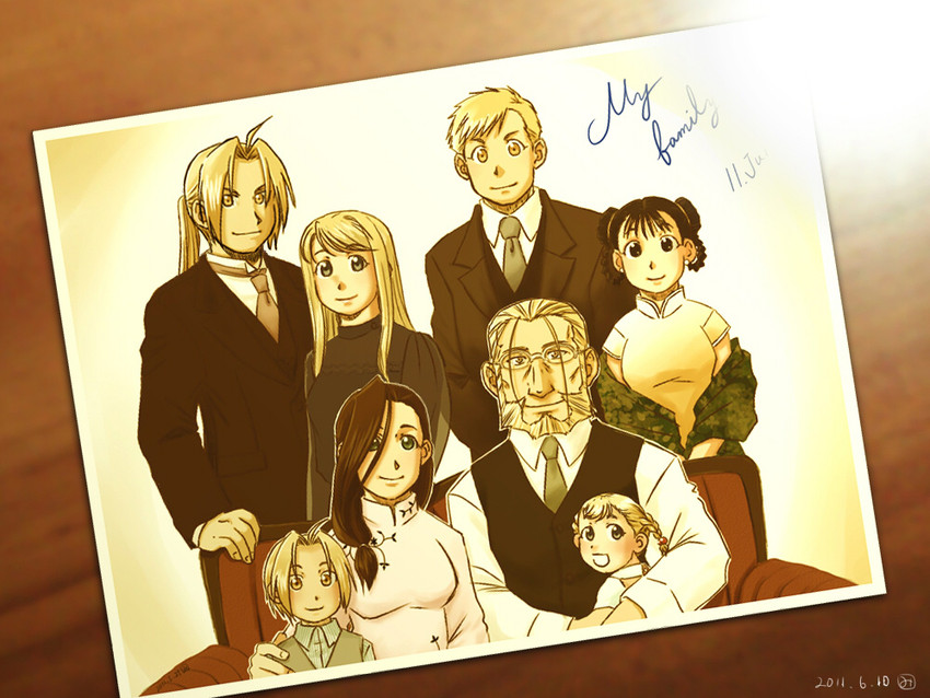 edward elric, alphonse elric, winry rockbell, may chang, van hohenheim, and 1 more (fullmetal alchemist) drawn by miso_(itsuha)