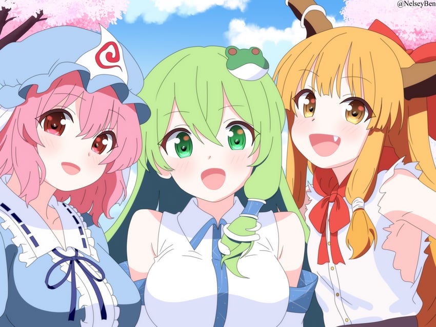 kochiya sanae, saigyouji yuyuko, and ibuki suika (touhou) drawn by bnelsey
