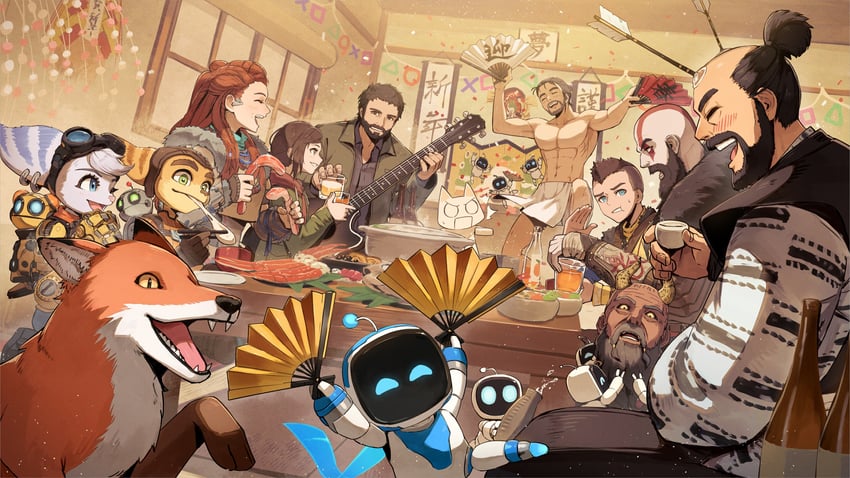 kratos, ellie, inoue toro, aloy, sakai jin, and 10 more (sony and 9 more) drawn by kuroi_susumu