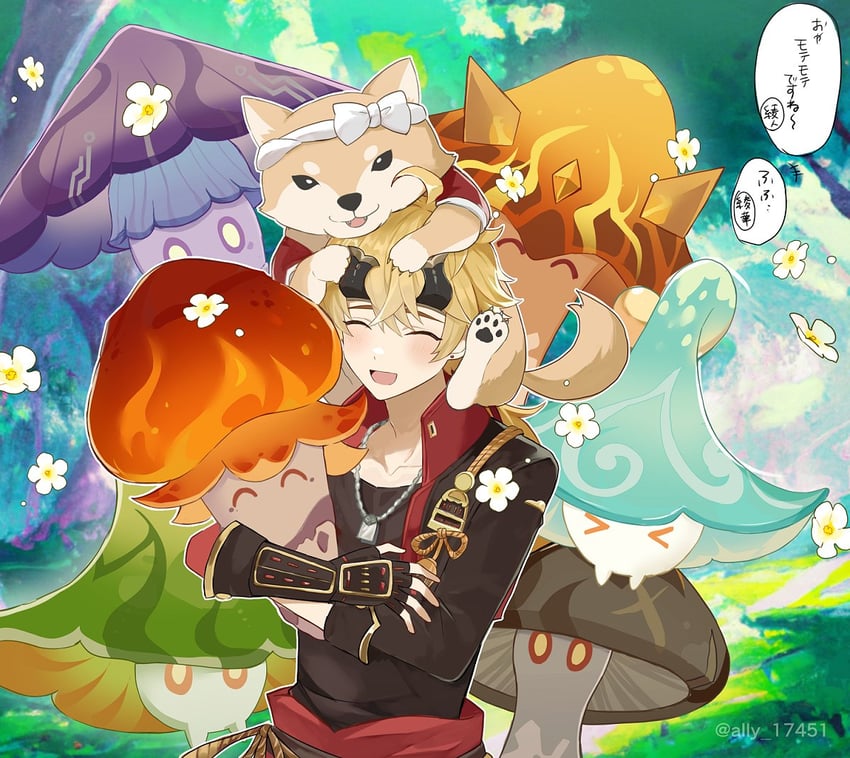 thoma, fungi, and taroumaru (genshin impact) drawn by ari_(bleum)