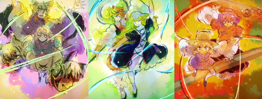 moriya suwako, hijiri byakuren, yasaka kanako, toyosatomimi no miko, toramaru shou, and 3 more (touhou and 2 more) drawn by yutarou