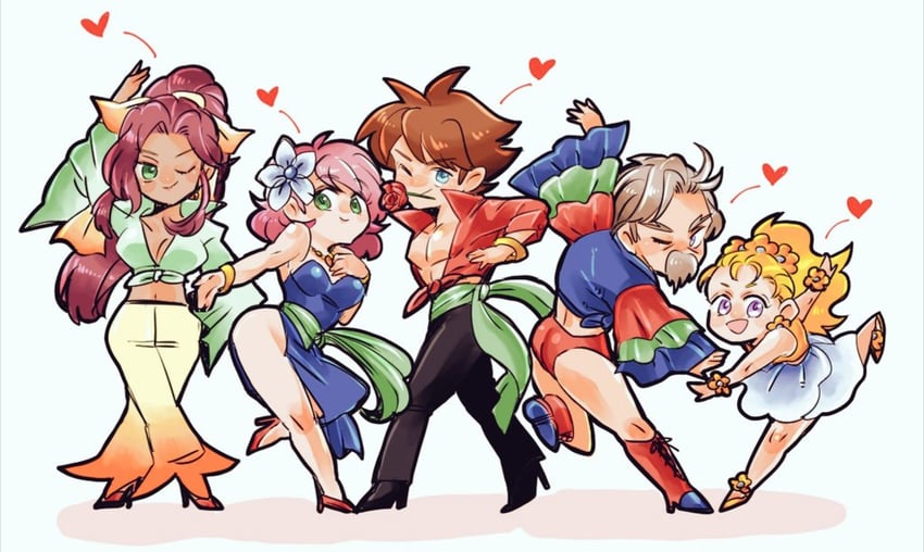 lenna charlotte tycoon, faris scherwiz, bartz klauser, dancer, krile mayer baldesion, and 1 more (final fantasy and 1 more) drawn by saitou_piyoko