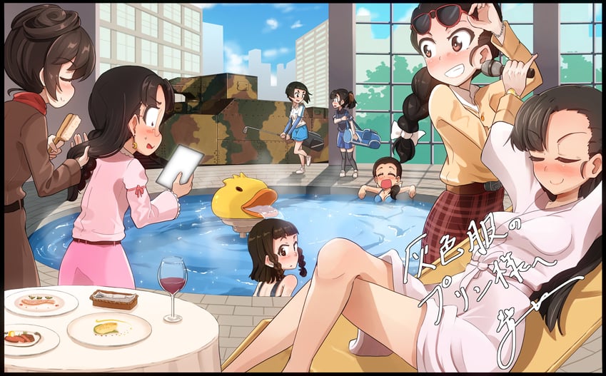 nishi kinuyo, fukuda haru, hosomi shizuko, tamada tamaki, ikeda emi, and 3 more (girls und panzer) drawn by jinguu_(4839ms)