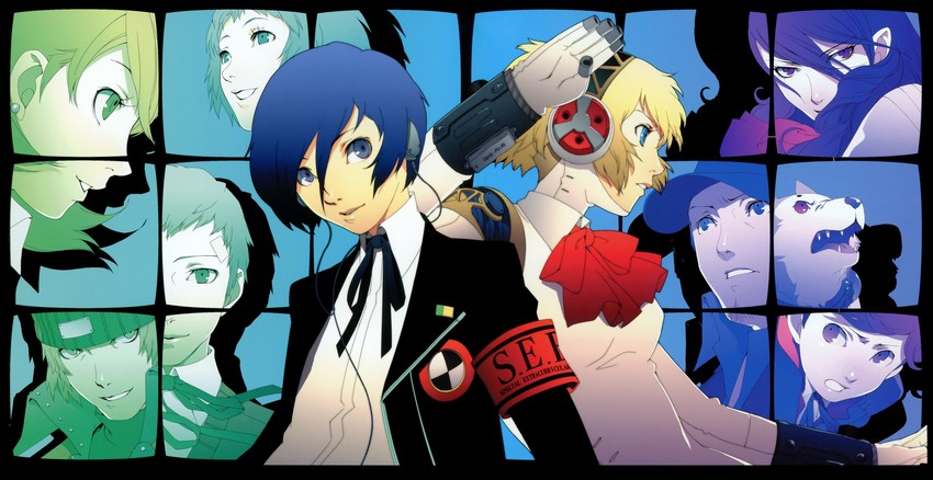 yuuki makoto, aigis, takeba yukari, kirijou mitsuru, yamagishi fuuka, and 5 more (persona and 1 more) drawn by soejima_shigenori
