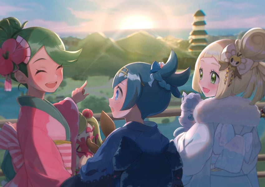 lillie, eevee, lana, mallow, alolan vulpix, and 2 more (pokemon and 1 more) drawn by abe_(kumayu)