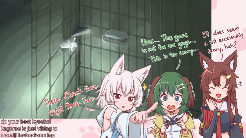 inubashiri momiji, shirakami fubuki, imaizumi kagerou, kasodani kyouko, ookami mio, and 1 more (touhou and 2 more) drawn by wool_(miwol)