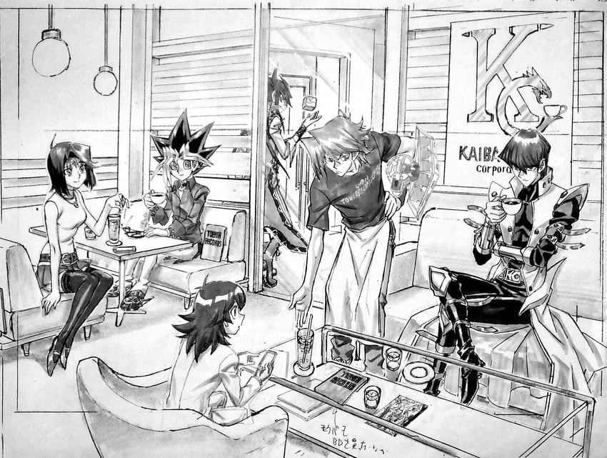 muto yugi, kaiba seto, mazaki anzu, jonouchi katsuya, kaiba mokuba, and 1 more (yu-gi-oh! and 2 more) drawn by kagami_takahiro