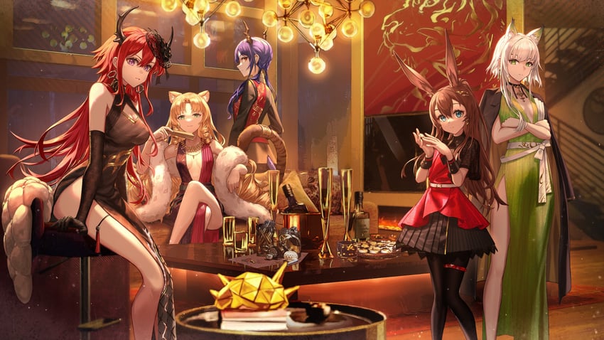 amiya, kal'tsit, surtr, ch'en, swire, and 1 more (arknights) drawn by wu_lun_wujin