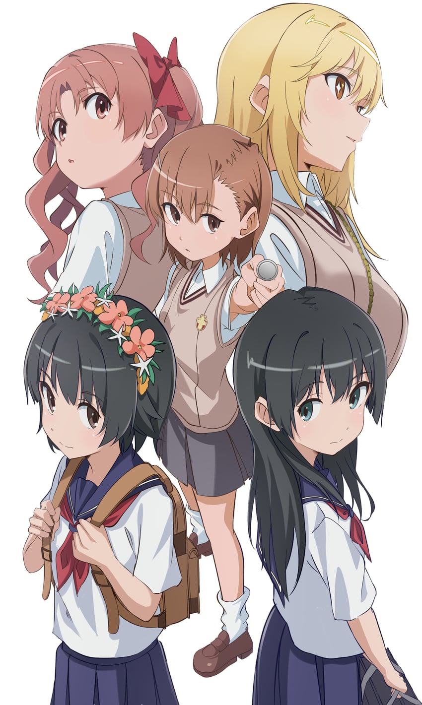 misaka mikoto, shirai kuroko, shokuhou misaki, saten ruiko, and uiharu kazari (toaru majutsu no index and 1 more) drawn by pension_z