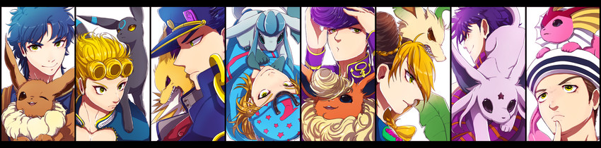 joseph joestar, kujo jotaro, eevee, kujo jolyne, giorno giovanna, and 10 more (pokemon and 9 more) drawn by kirin62