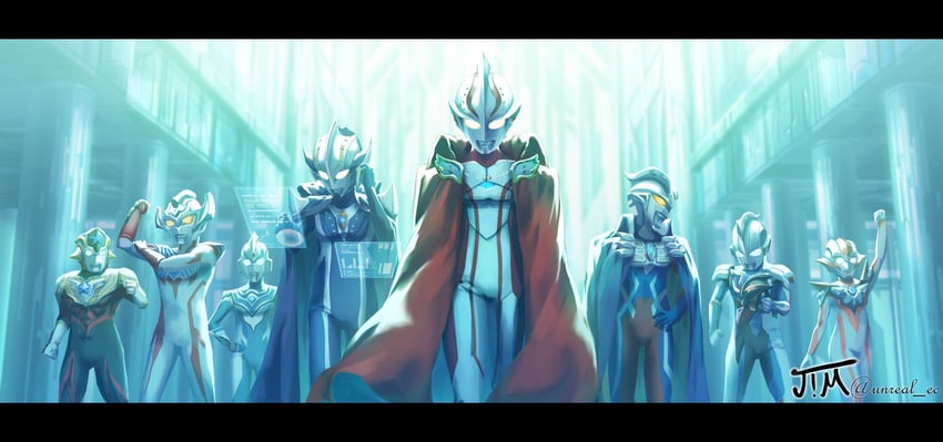 ultraman zero, ultraman z, ultraman mebius, ultraman taiga, ultrawoman grigio, and 4 more (ultra series and 4 more) drawn by unreal_es