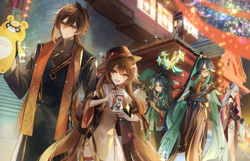 hu tao, zhongli, xiao, xianyun, guoba, and 1 more (genshin impact) drawn by ahk_dh