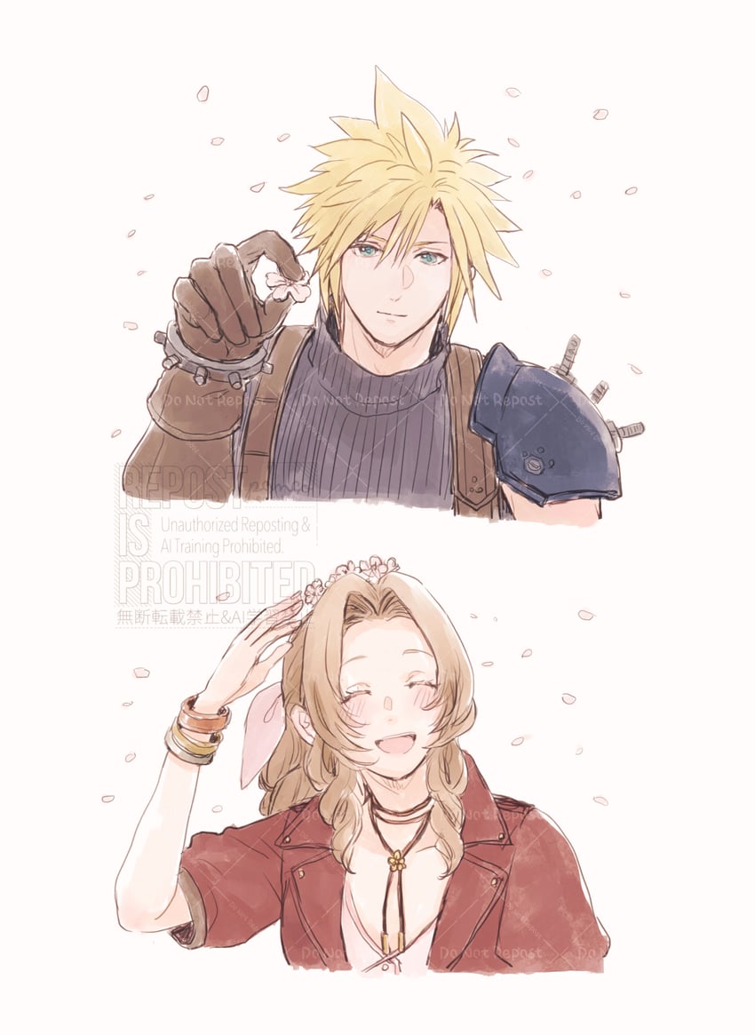 cloud strife and aerith gainsborough (final fantasy and 2 more) drawn by ancotsubu