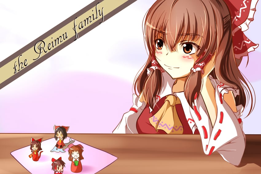hakurei reimu, benikurage, kanna, reu, sananana, and 1 more (touhou and 1 more) drawn by sakuna_brownie