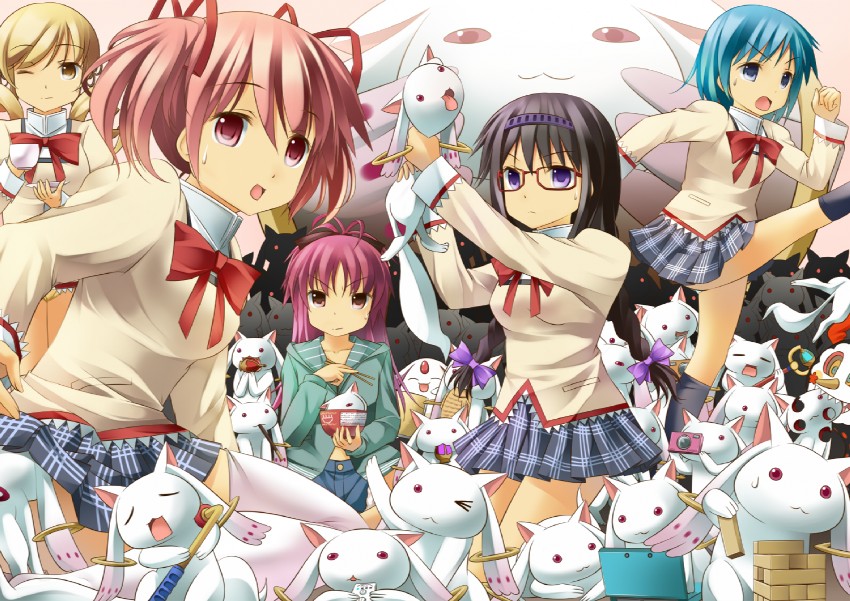 akemi homura, kaname madoka, miki sayaka, sakura kyoko, tomoe mami, and 3 more (mahou shoujo madoka magica) drawn by onaka_sukisuki