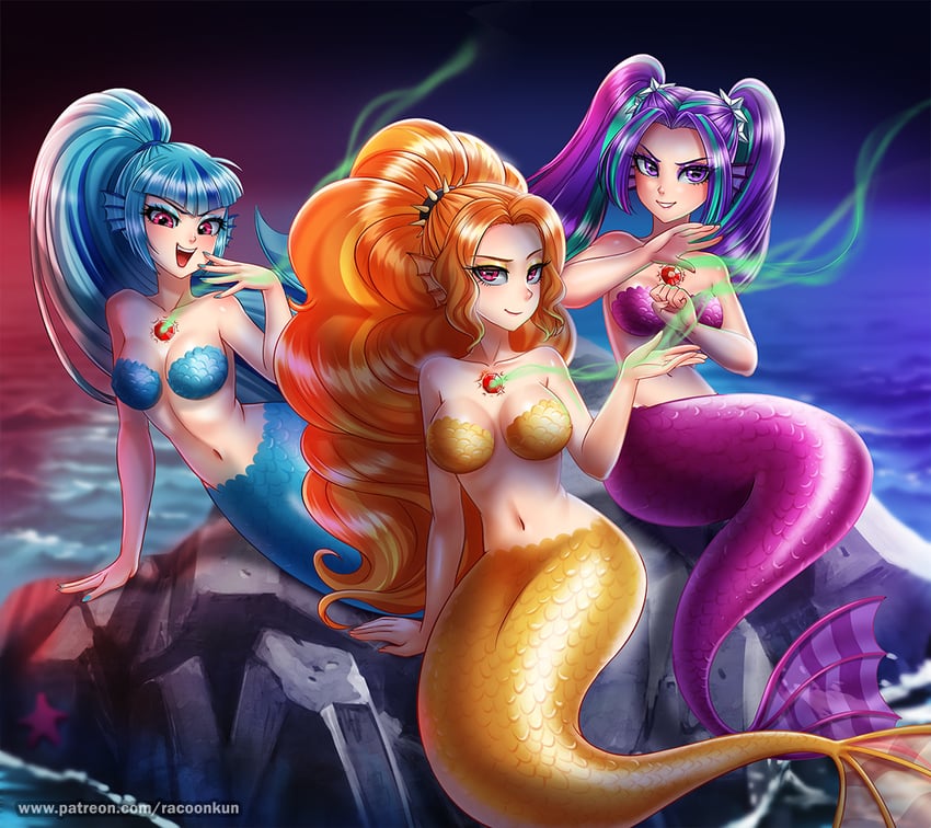 sonata dusk, adagio dazzle, and aria blaze (my little pony and 2 more) drawn by racoon-kun