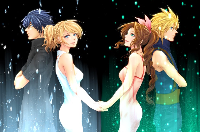 cloud strife, aerith gainsborough, noctis lucis caelum, and lunafreya nox fleuret (final fantasy and 2 more) drawn by mattario