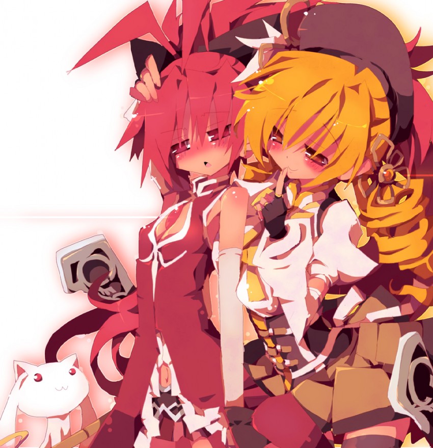 sakura kyoko, tomoe mami, and kyubey (mahou shoujo madoka magica) drawn by dangomushi