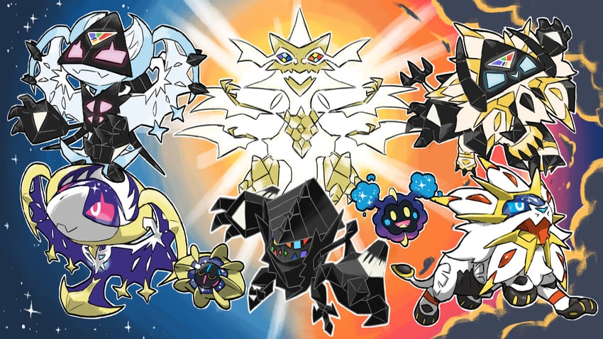 cosmog, lunala, solgaleo, necrozma, and cosmoem (pokemon) drawn by blacknirrow