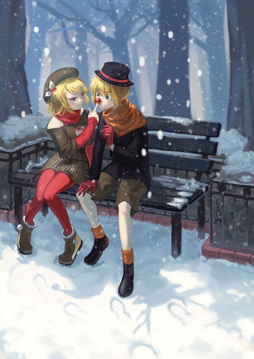 kagamine rin, kagamine len, and rudolph the red nosed reindeer (vocaloid) drawn by yal_(lily910218)