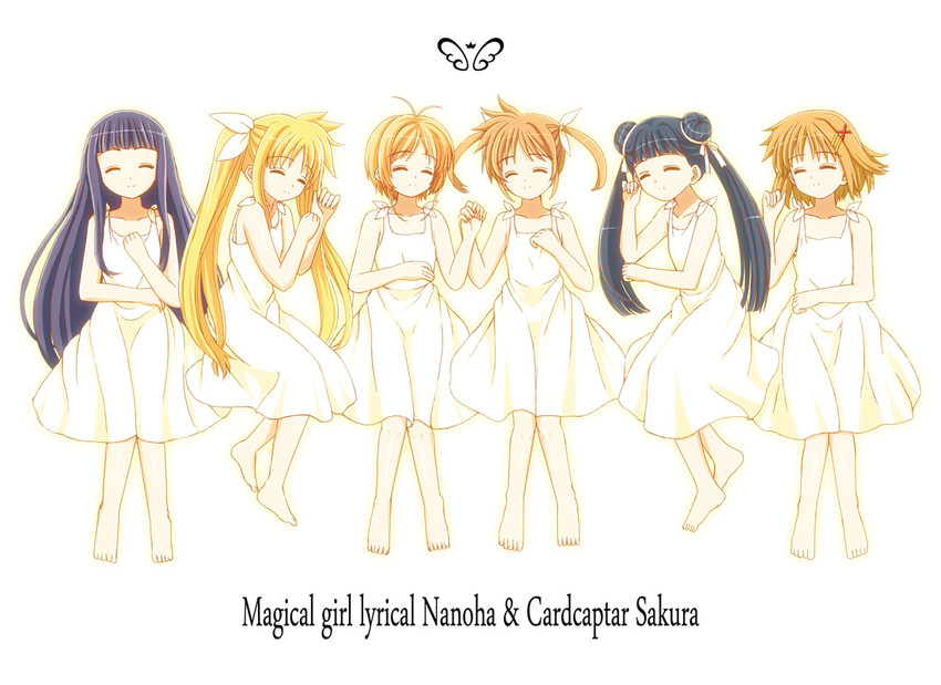 fate testarossa, takamachi nanoha, kinomoto sakura, yagami hayate, daidouji tomoyo, and 1 more (lyrical nanoha and 2 more) drawn by ookawa_wataru