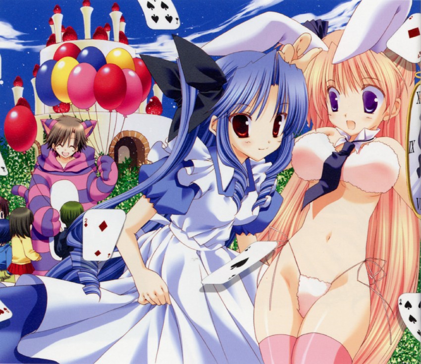 alice, white rabbit, cheshire cat, tsukimura mayu, houjou reika, and 1 more (alice's adventures in wonderland and 1 more) drawn by takanae_kyourin