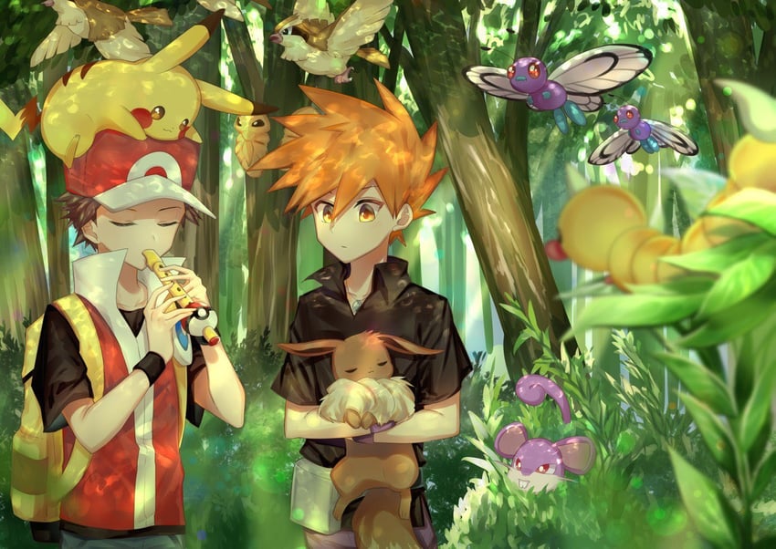 pikachu, red, eevee, blue oak, butterfree, and 4 more (pokemon and 1 more) drawn by sekaiitinoki