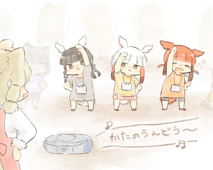 common raccoon, japanese crested ibis, alpaca suri, scarlet ibis, and black-headed ibis (kemono friends) drawn by moeki_(moeki0329)