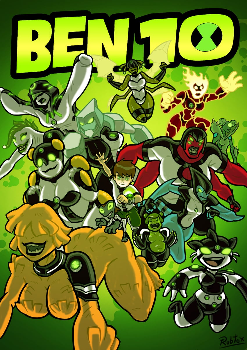 ben tennyson, four arms, heatblast, xlr8, diamondhead, and 8 more (ben 10) drawn by rubtox