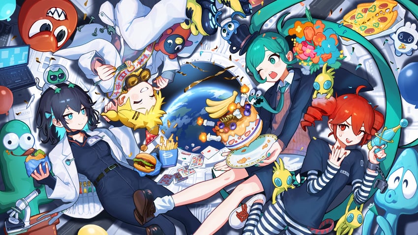 hatsune miku, kagamine len, kasane teto, and miyamai moca (vocaloid and 2 more) drawn by wawasuke