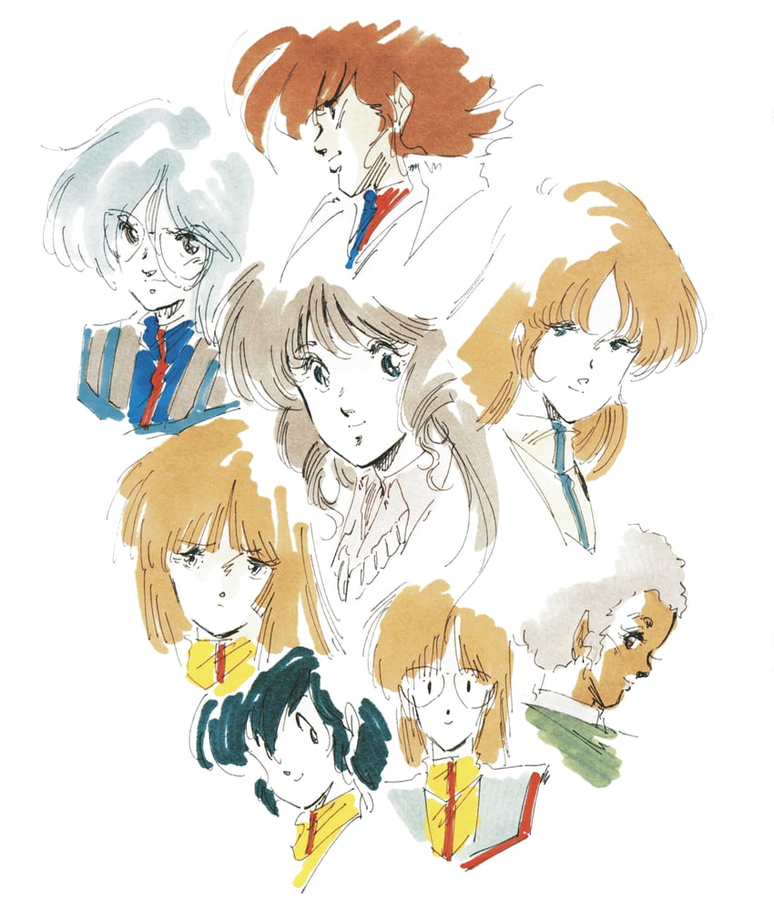 lynn minmay, ichijou hikaru, hayase misa, maximilian jenius, claudia lasalle, and 3 more (macross and 2 more) drawn by mikimoto_haruhiko