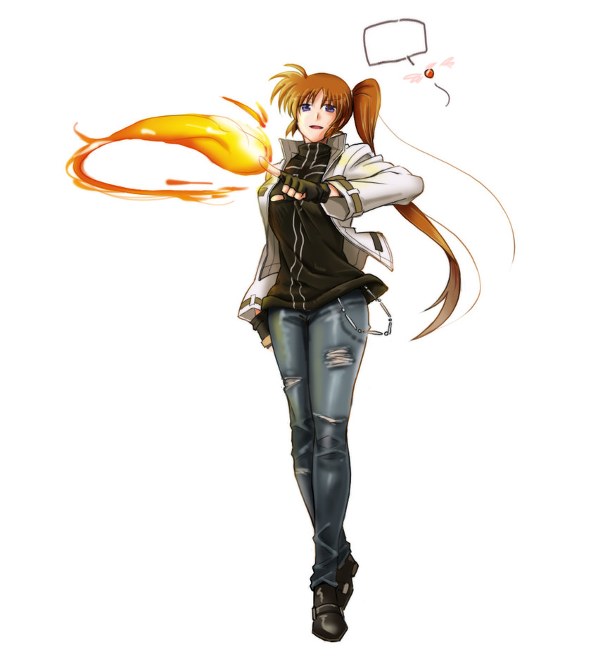 takamachi nanoha, raising heart, and kusanagi kyou (lyrical nanoha and 3 more) drawn by sos77755