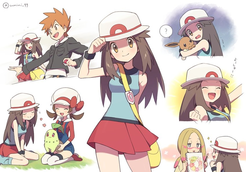 eevee, blue oak, leaf, lyra, chikorita, and 2 more (pokemon and 4 more) drawn by agata_(agatha)