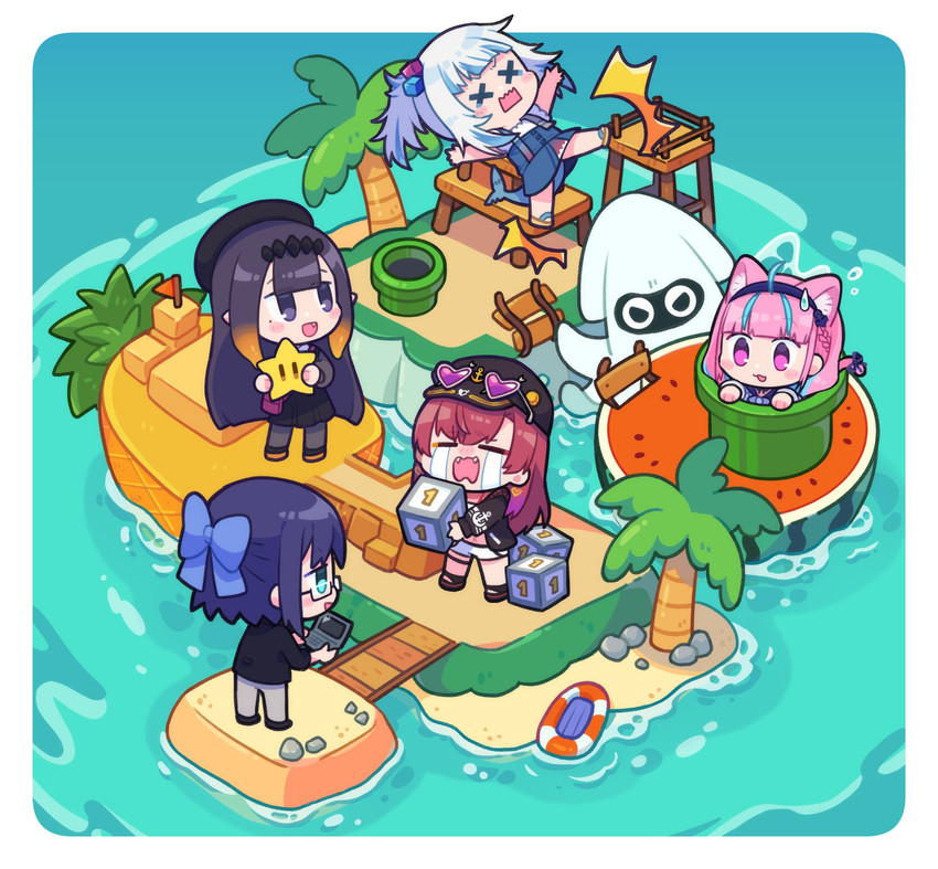gawr gura, houshou marine, ninomae ina'nis, minato aqua, blooper, and 1 more (hololive and 4 more) drawn by nekotaririn