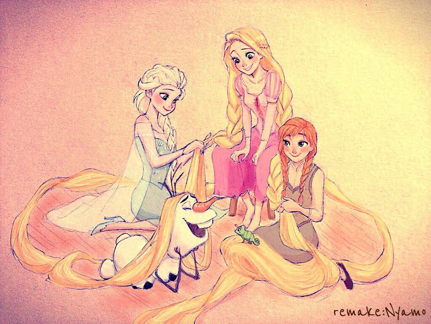 elsa, anna, rapunzel, and olaf (frozen and 1 more) drawn by nyamo