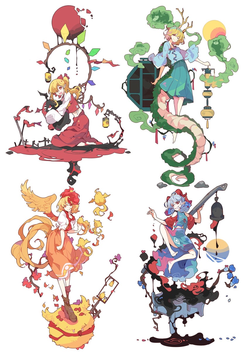 flandre scarlet, kicchou yachie, toutetsu yuuma, niwatari kutaka, and otter spirit (touhou) drawn by ideolo