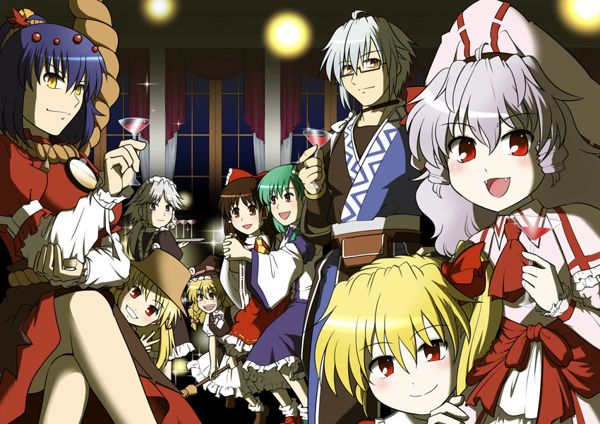 hakurei reimu, kirisame marisa, remilia scarlet, flandre scarlet, izayoi sakuya, and 4 more (touhou and 1 more) drawn by amida_murasaki