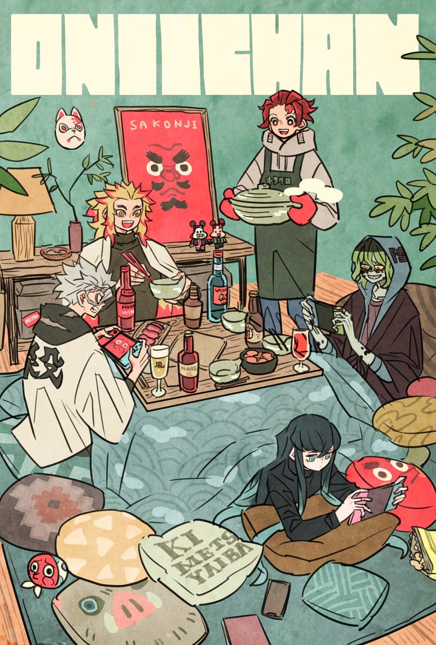 kamado nezuko, kamado tanjirou, rengoku kyoujurou, tokitou muichirou, shinazugawa sanemi, and 1 more (kimetsu no yaiba) drawn by takeuchi_ryousuke
