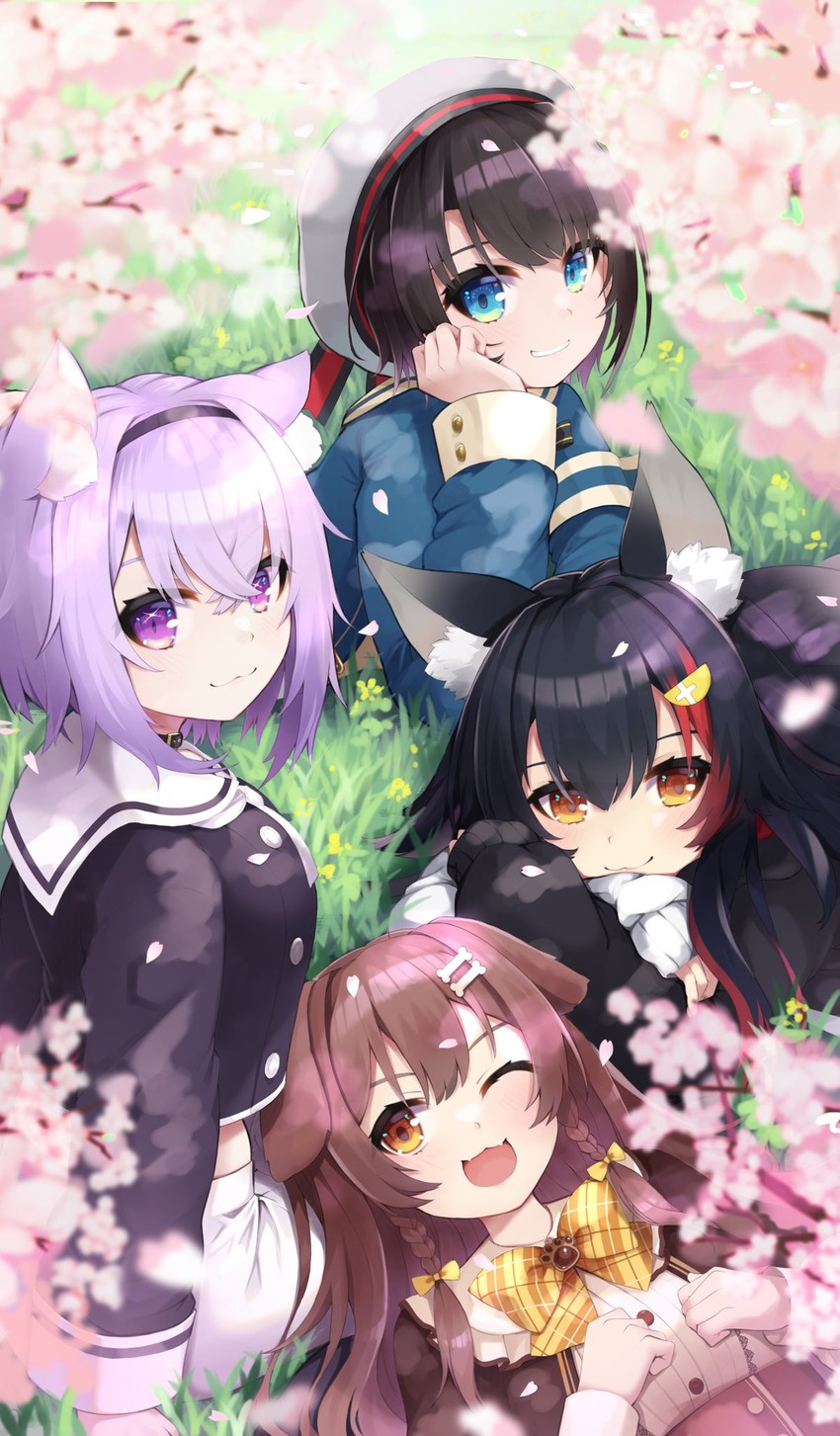 nekomata okayu, ookami mio, oozora subaru, and inugami korone (hololive) drawn by hototogisu_(hot_to_gis)