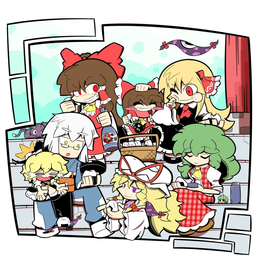 hakurei reimu, kirisame marisa, yakumo yukari, kaenbyou rin, rumia, and 5 more (original and 2 more) drawn by kuchibashi_(9180)