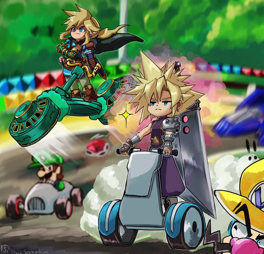 link, cloud strife, luigi, wario, and blue falcon (final fantasy and 7 more) drawn by stoic_seraphim