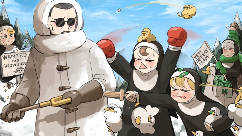 clumsy nun, froggy nun, spicy nun, sheep nun, and father (little nuns) drawn by diva_(hyxpk)